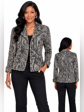 St John Women's Knit Black and Cream Python Print Jacket S